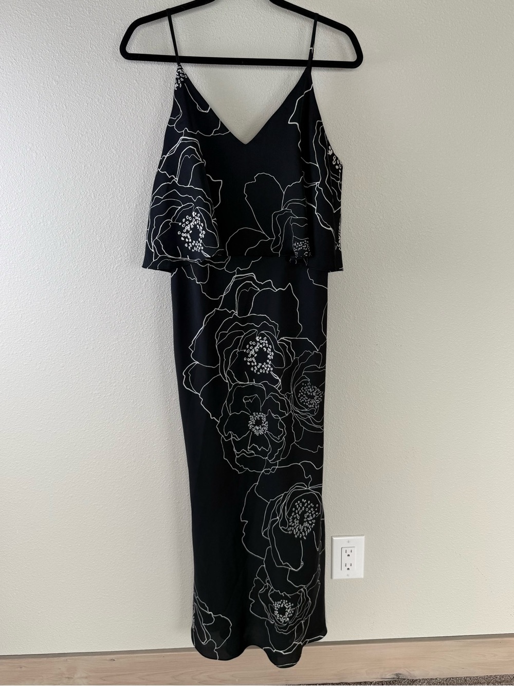 Shona Joy Lucca Frill Bias Slip Midi Dress Black/White Floral Women’s Size 8